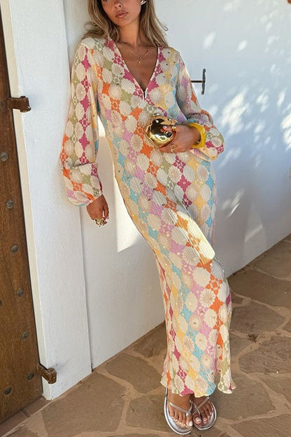 Deep V Neck Lantern Sleeve Crinkle Plisse Diamond Print Maxi Dress