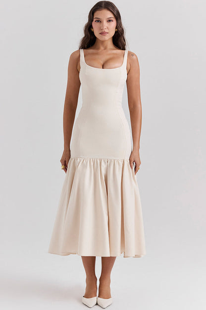 Sleeveless Scoop Neck Princess Seam Dropped Waist Gathered Flounce Midi Dress