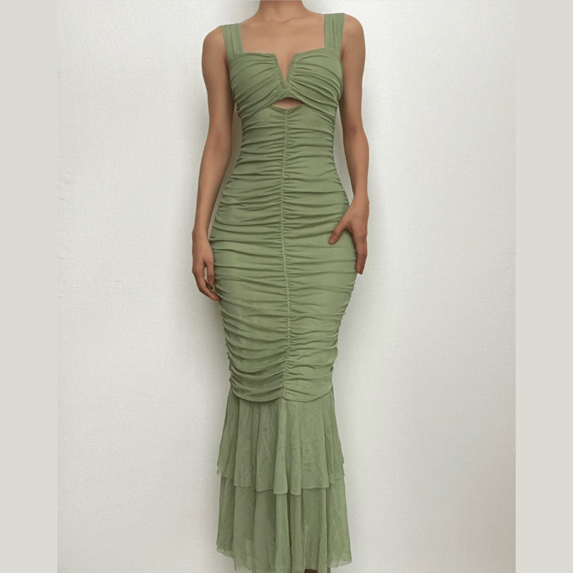 Wide Strap Cutout Bust Ruched Bodice Tiered Mesh Ruffle Hem Maxi Dress