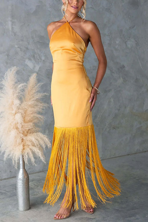 Halter Neck Patchwork Fringe Hem Satin Maxi Dress