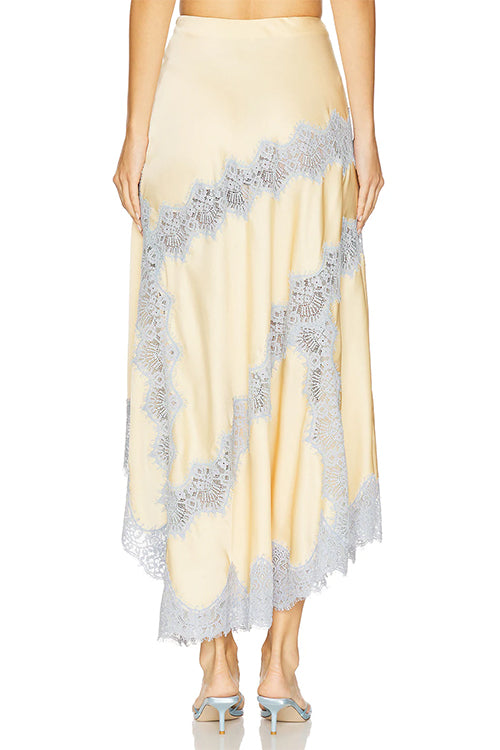 High Rise Color Block Lace Trim Satin Maxi Skirt