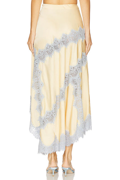 High Rise Color Block Lace Trim Satin Maxi Skirt