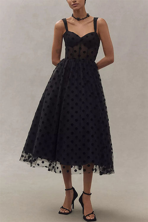 V Neck Mesh Polka Dot A-line Midi Cami Dress