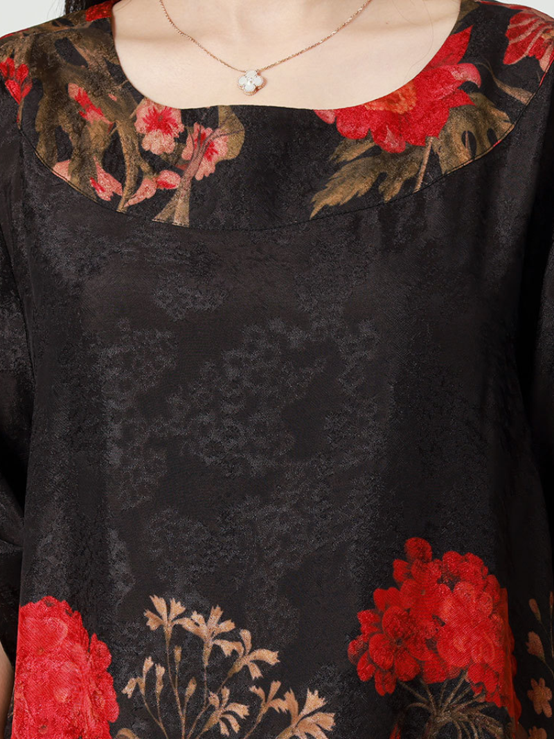 Round Neck Roll Tab Sleeve Floral Print Loose Midi Dress
