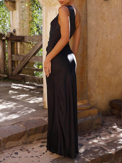 One Shoulder Satin Ruched Side Slit Column Maxi Dress