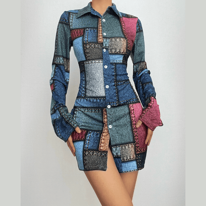 Collared Long Sleeve Button Front Denim Patchwork Mini Shirt Dress