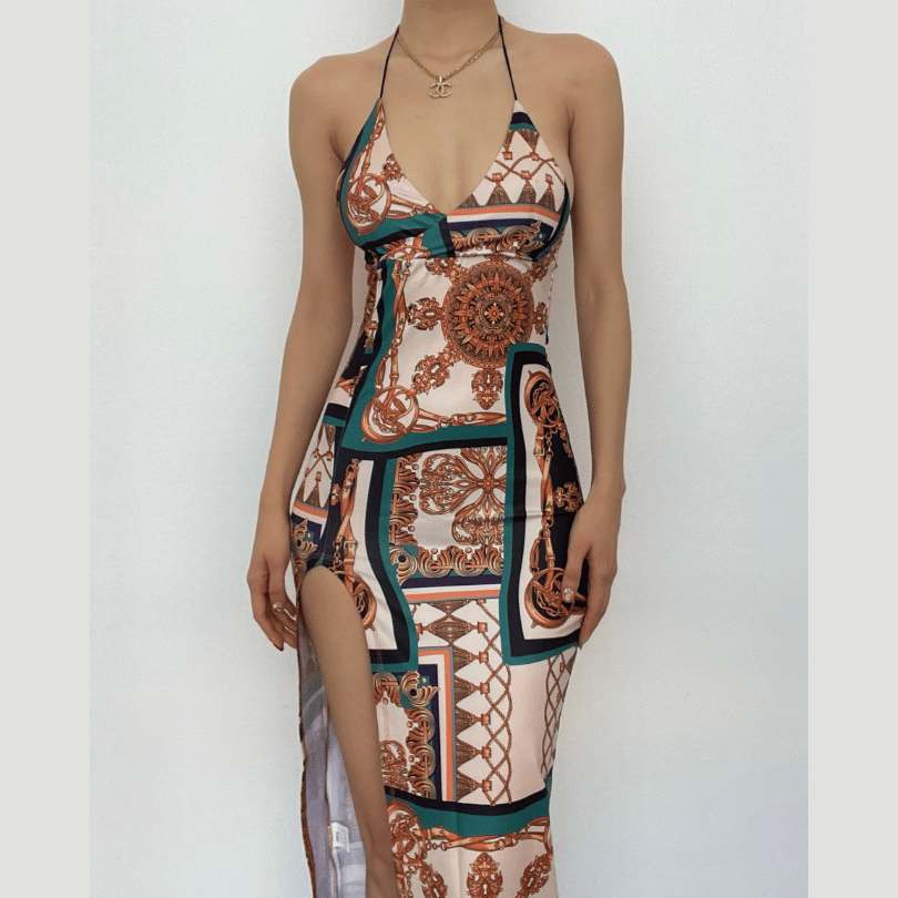 Halter Deep V Baroque Chain Medallion Print High Slit Maxi Dress