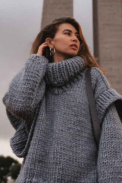 Solid Patchwork Chunky Fluffy Turtleneck Sweater