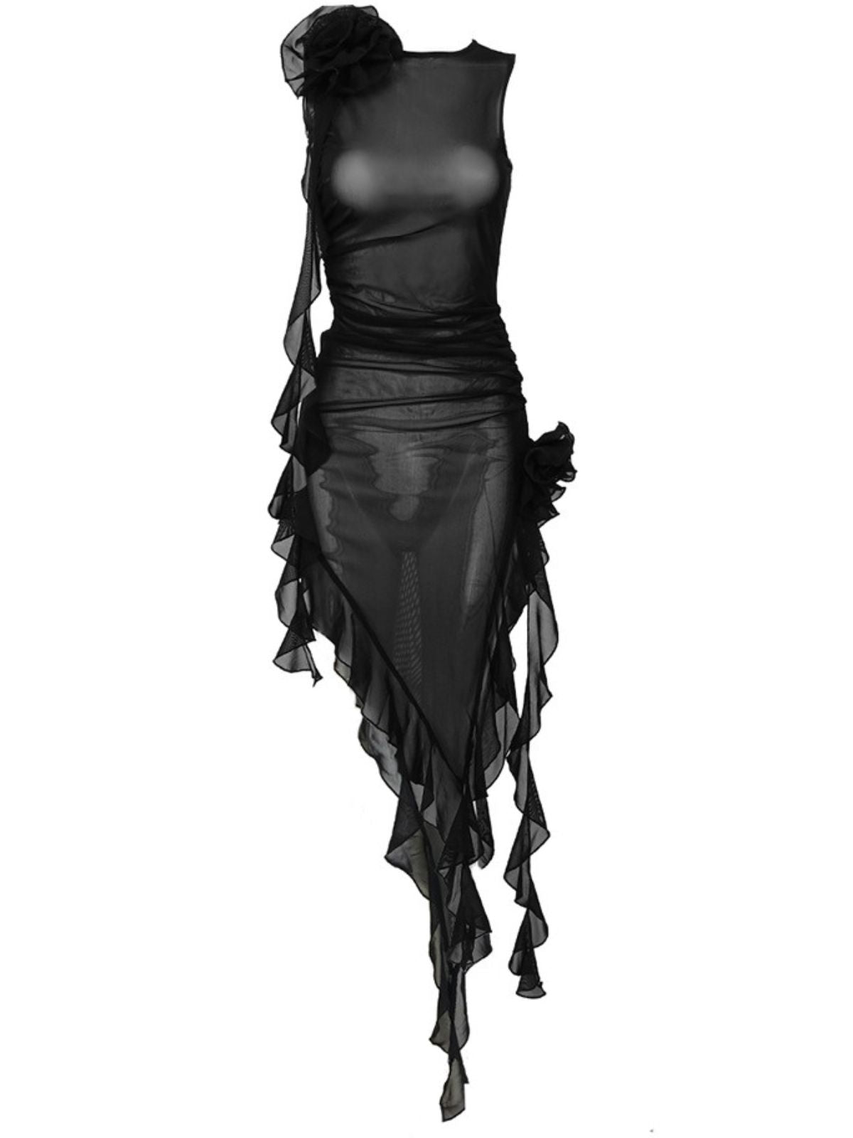 Crew Neck Mesh 3D Floral Rosette Asymmetric Ruffle Mini Dress