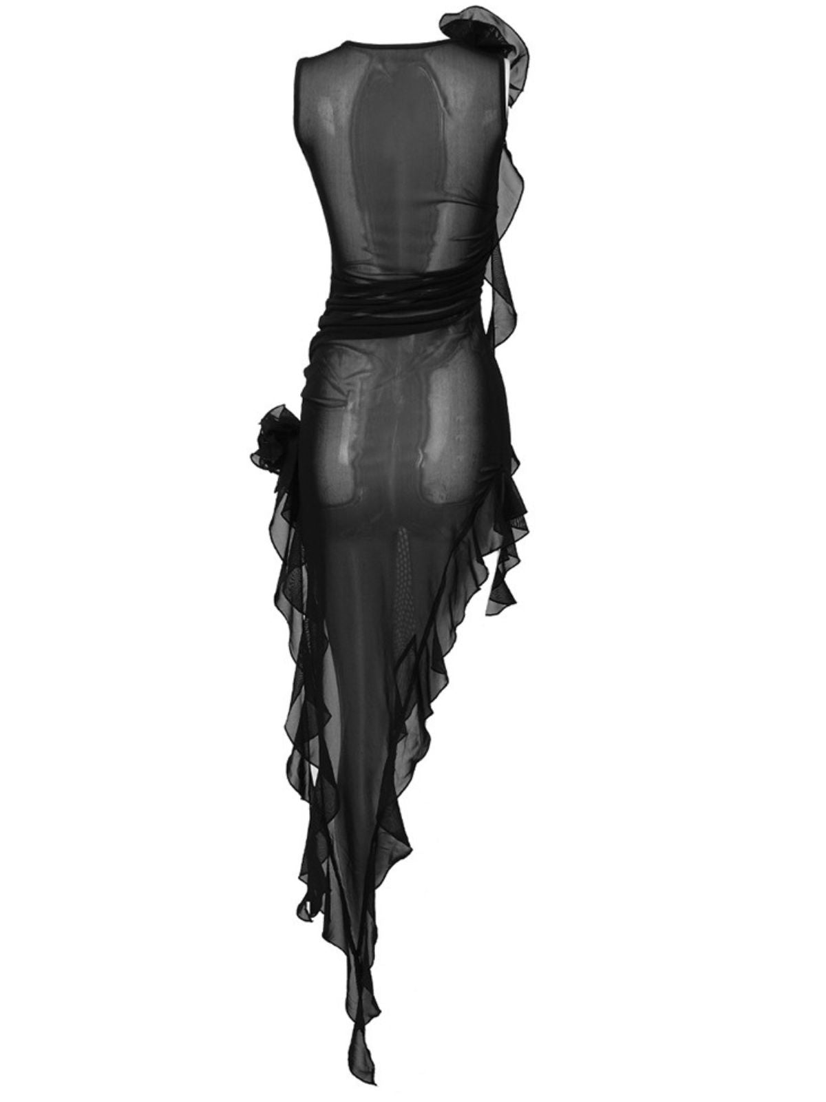 Crew Neck Mesh 3D Floral Rosette Asymmetric Ruffle Mini Dress