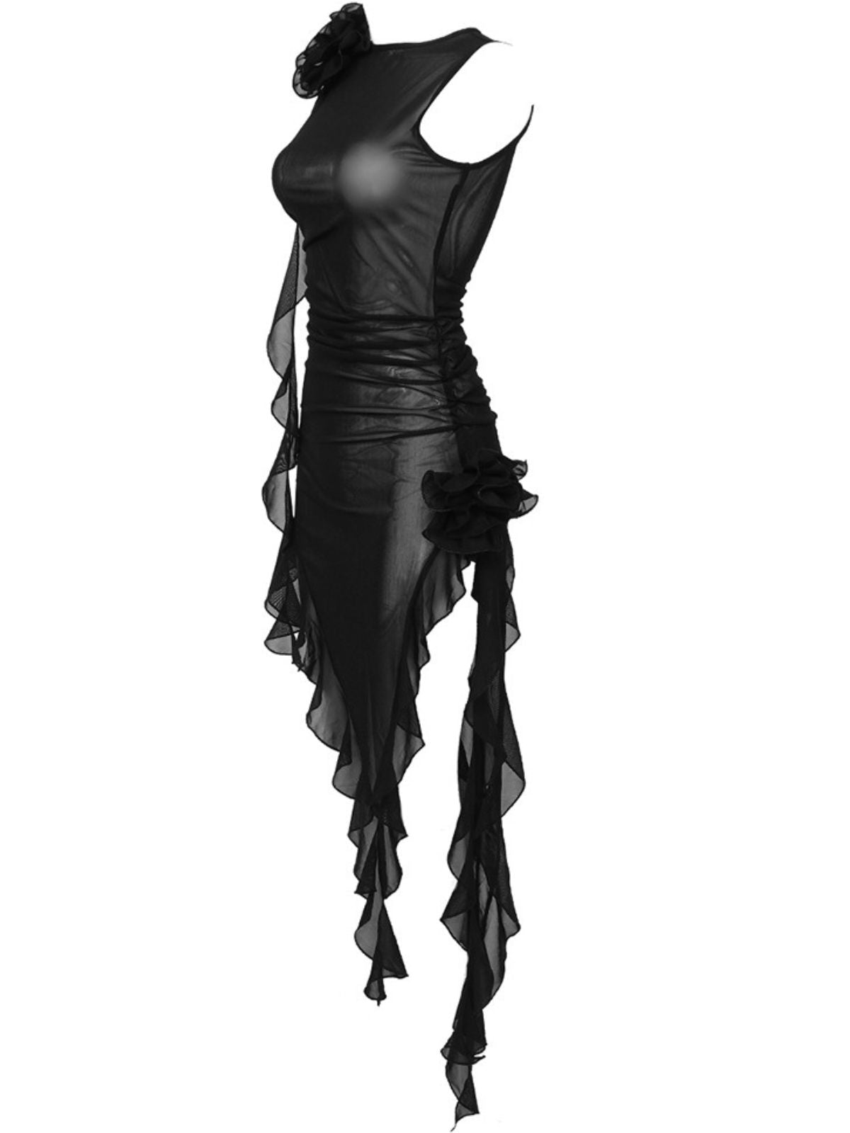 Crew Neck Mesh 3D Floral Rosette Asymmetric Ruffle Mini Dress