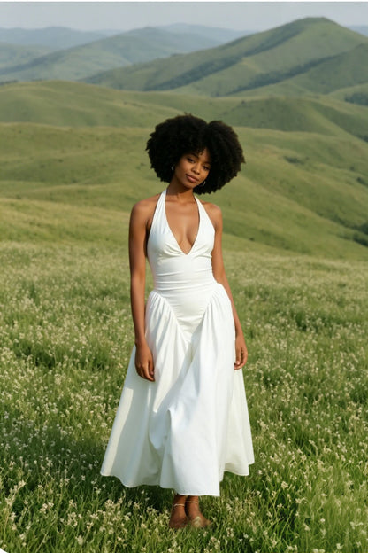 Halter Plunging V Drop Waist Pleated Midi Dress
