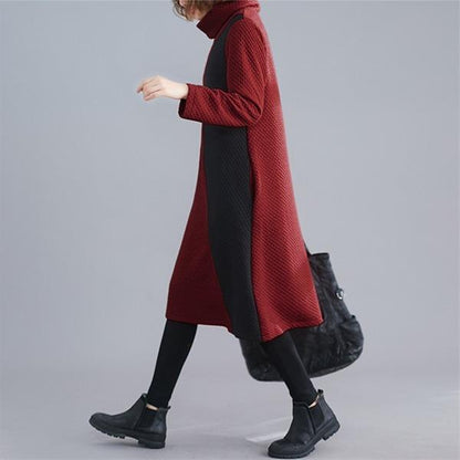 Quilted Cowl Neck Panel Block Long Sleeve Tunic Dress