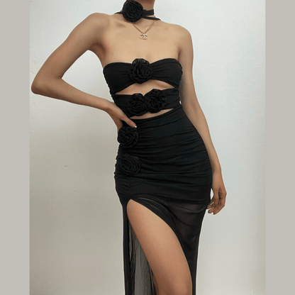 Flower Applique Cutout Ruched High Slit Midi Dress Set