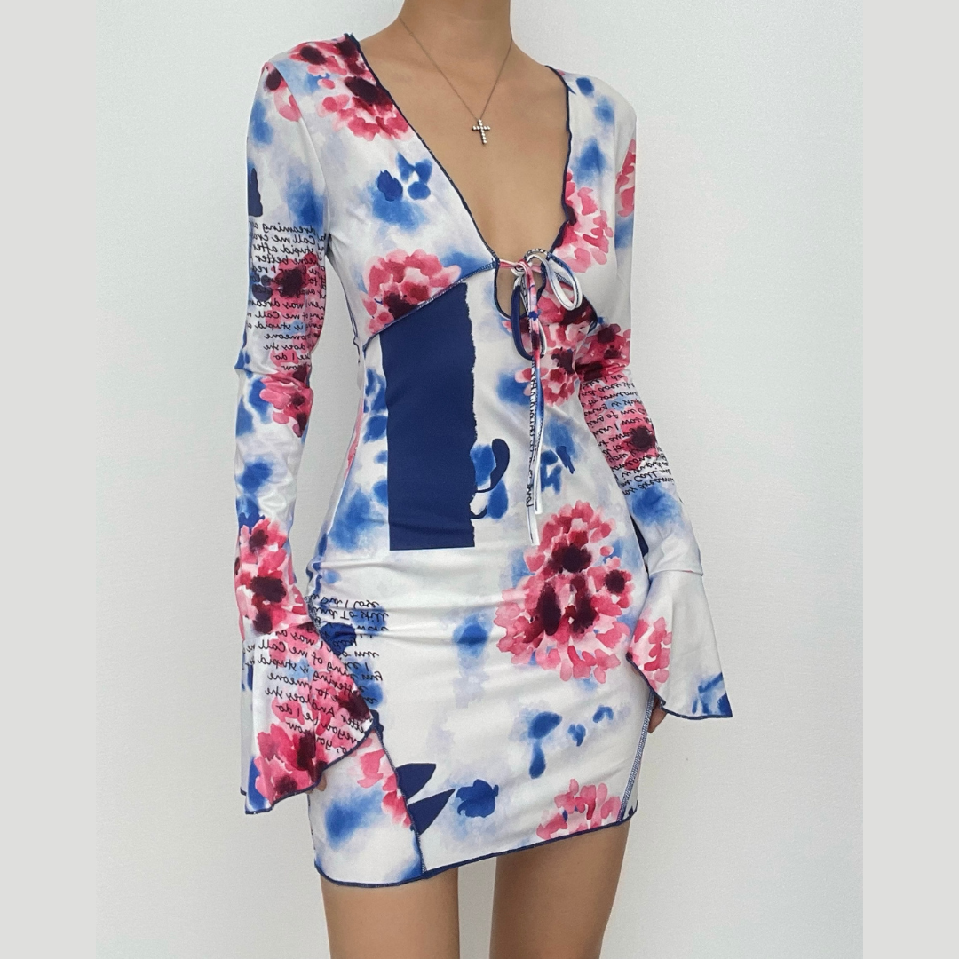 Abstract Print Deep V Tie Front Flared Sleeve Mini Dress