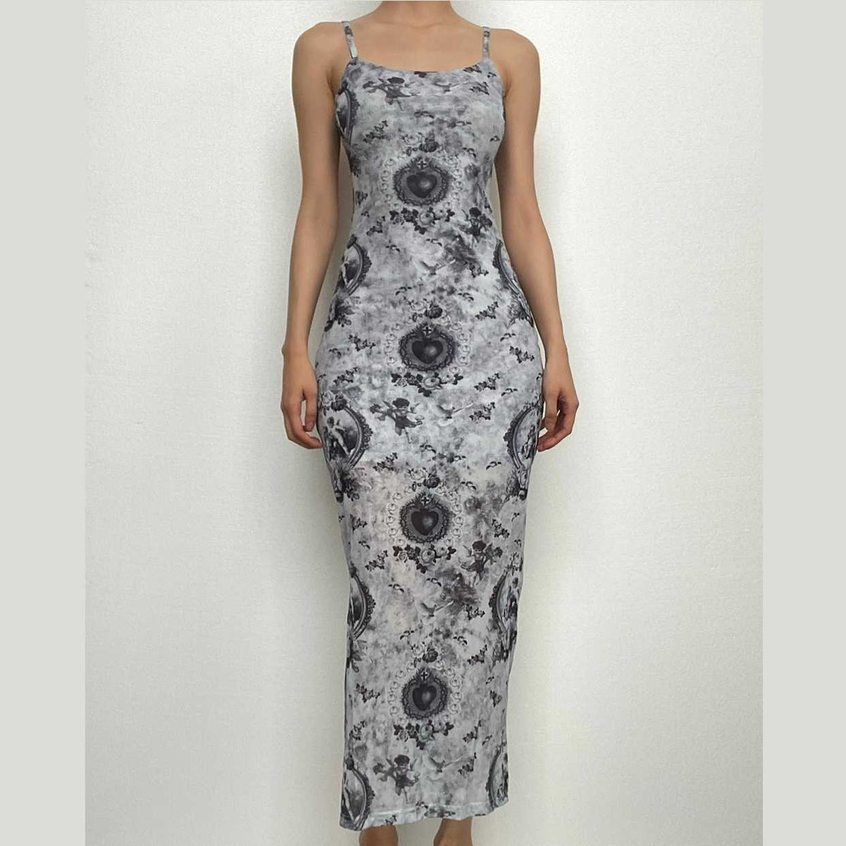 Baroque Heart Cherub Print Square Neck Spaghetti Strap Bodycon Maxi Dress