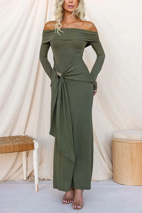 Chic Off Shoulder Long Sleeves Knot Detail Maxi Dress