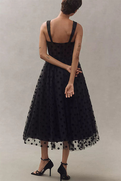 V Neck Mesh Polka Dot A-line Midi Cami Dress
