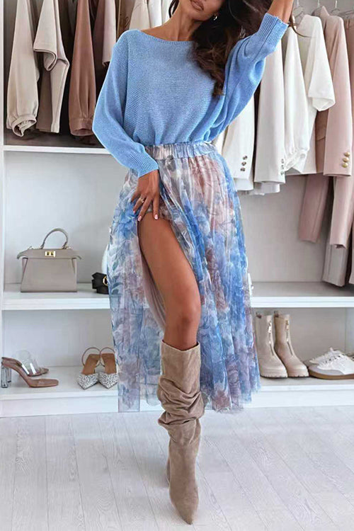 Elastic Waist Floral Print Chiffon Maxi Skirt