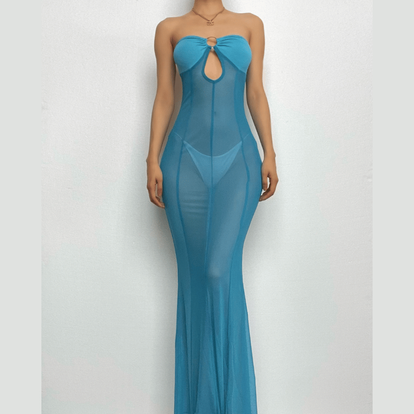 Sheer Mesh Tube Keyhole Ring Center Seam Bodycon Maxi Dress