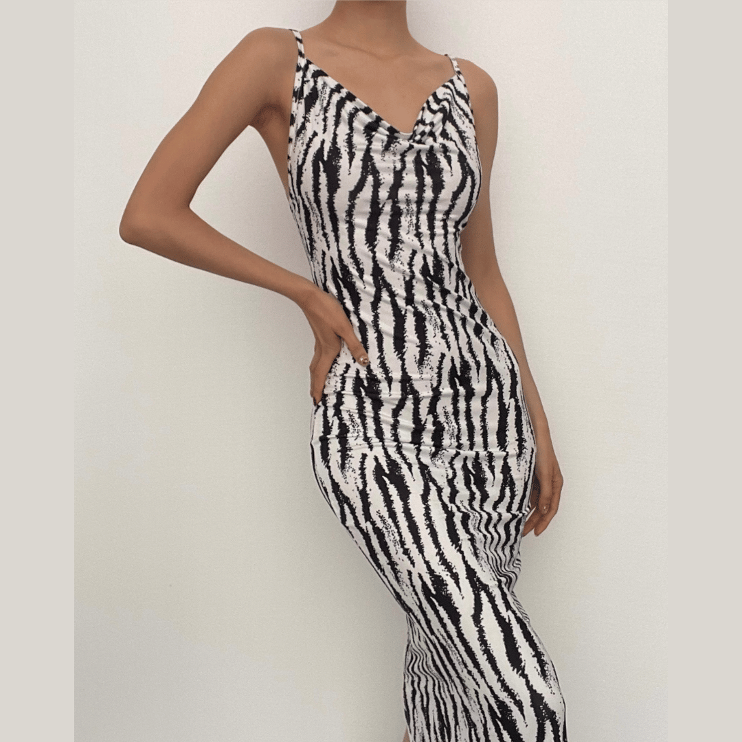 Zebra Print Cowl Neck Spaghetti Strap Backless Slit Bodycon Midi Dress