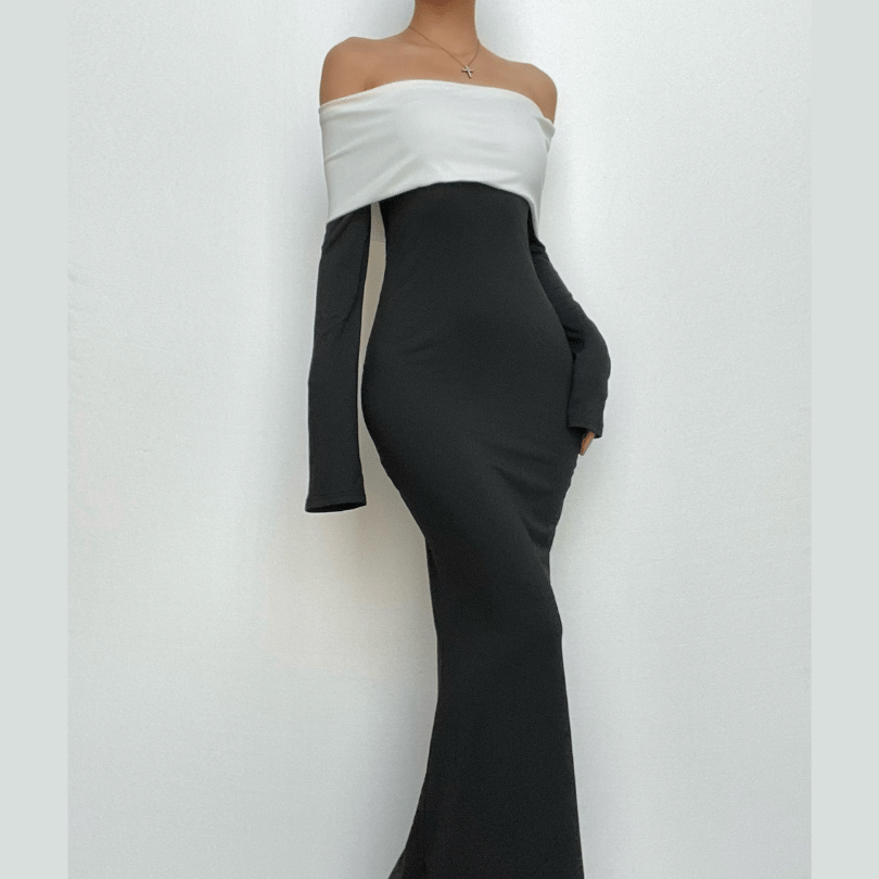 Fold Over Off Shoulder Long Sleeve Bodycon Mermaid Maxi Gown