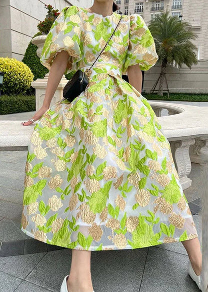 Round Neck Puff Sleeve Jacquard Brocade Floral Maxi Dress