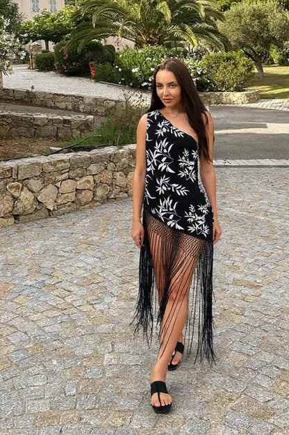Printed Tassel Patchwork Midi Dress