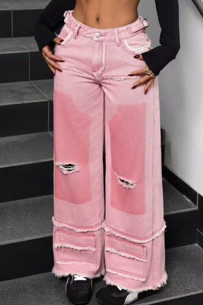 Distressed Patchwork Gradient Pink Stylish Jeans