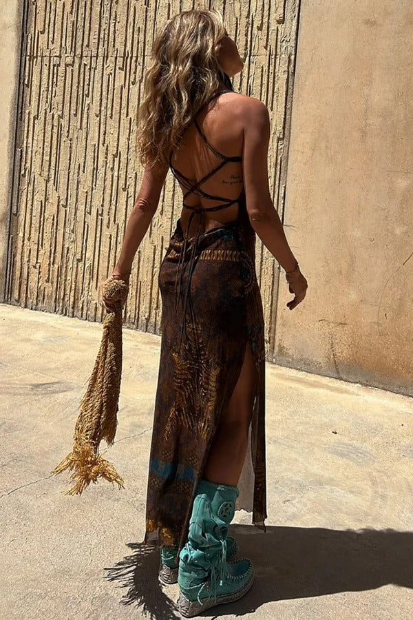 Baroque Print Lace Up Cross Back Halter High Split Maxi Two-Piece Set