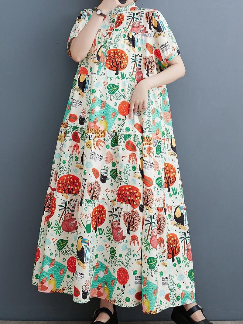 Mandarin Collar Short Sleeve Tiered Novelty Print Maxi Dress