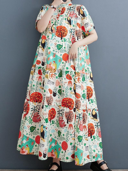 Mandarin Collar Short Sleeve Tiered Novelty Print Maxi Dress