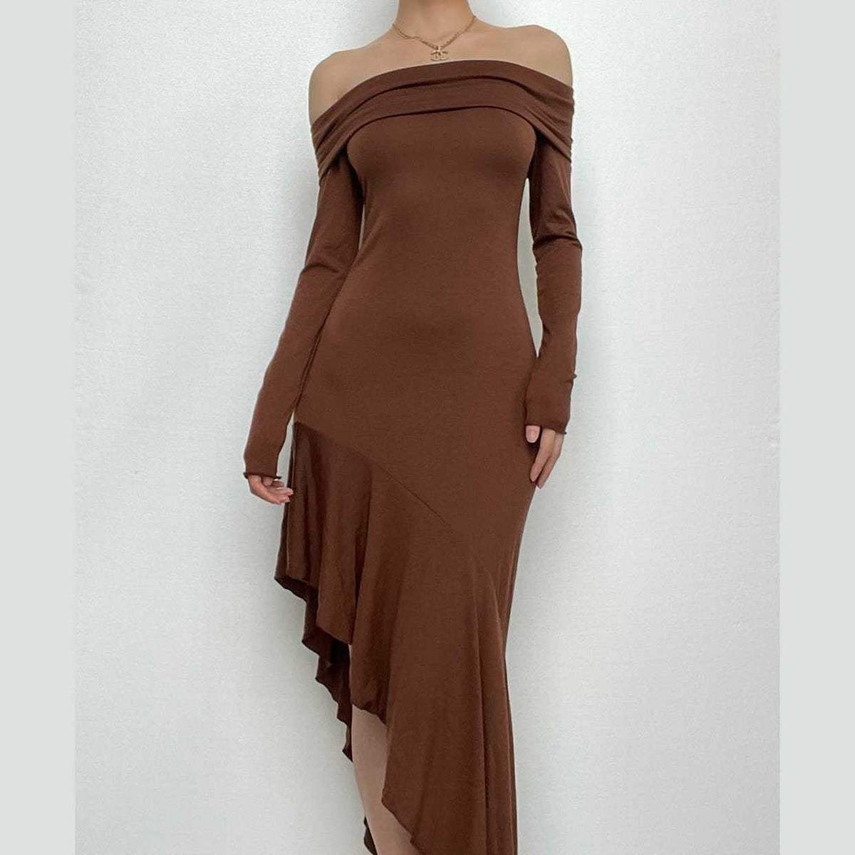 Off Shoulder Ruffle Hem Asymmetrical Maxi Dress