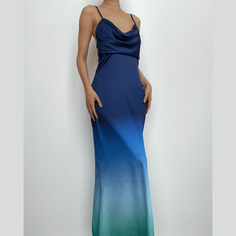 Satin Cowl Neck Spaghetti Strap Gradient Ombre Maxi Dress