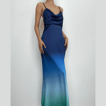 Satin Cowl Neck Spaghetti Strap Gradient Ombre Maxi Dress