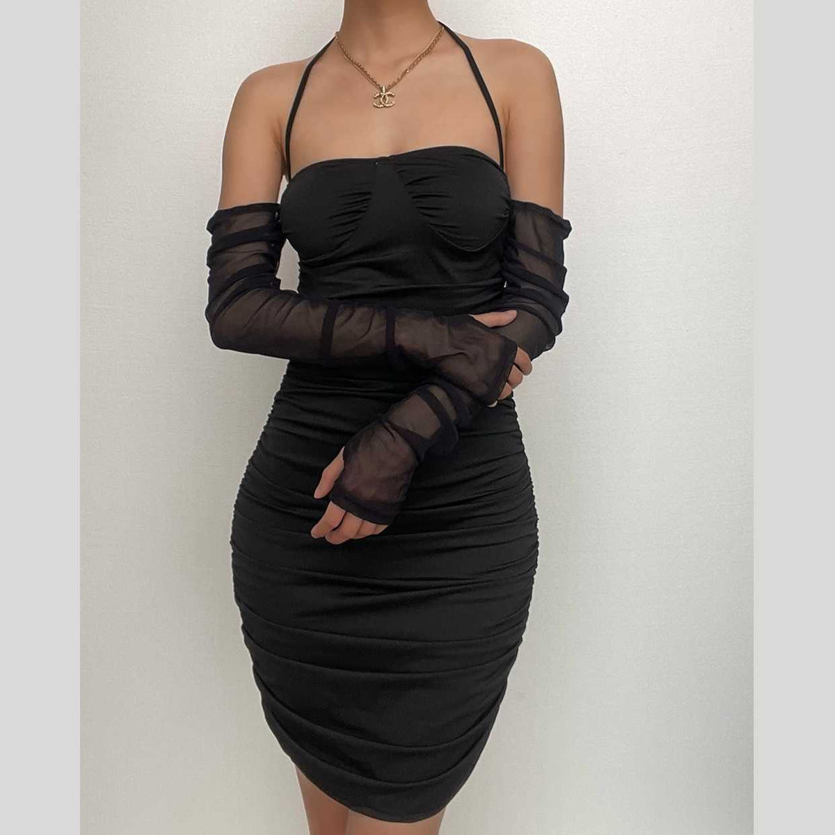 Halter Sweetheart Ruched Detached Mesh Sleeve Bodycon Mini Dress