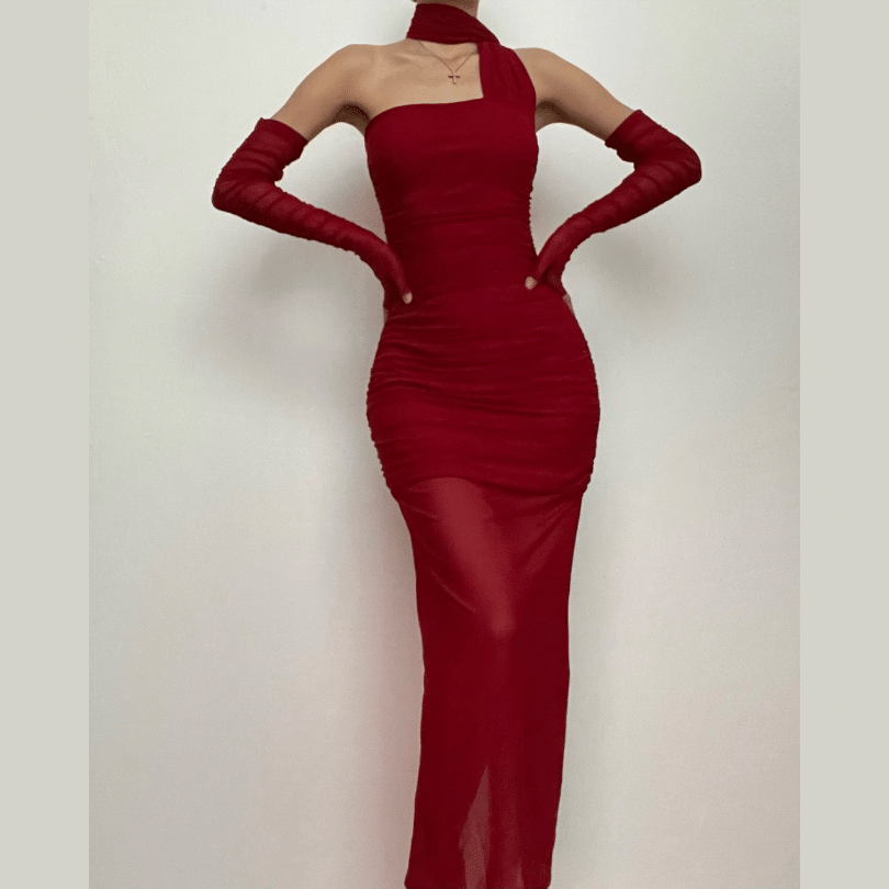 One Shoulder Ruched Mesh Overlay Column Maxi Dress with Opera Gloves Set