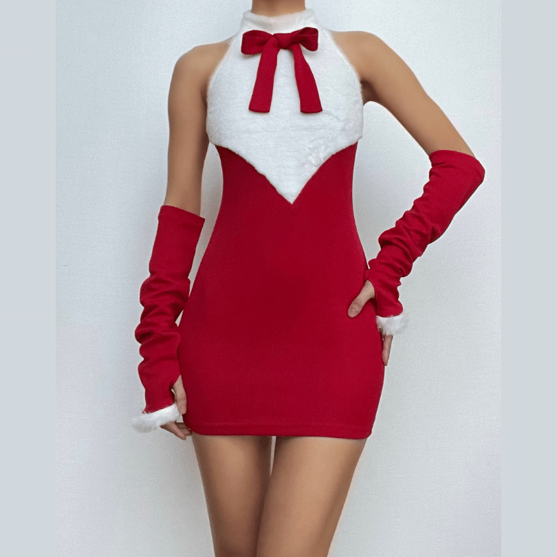 Faux Fur Collar Ribbon Bow Sleeveless Arm Warmer Mini Dress