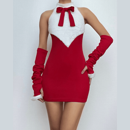 Faux Fur Collar Ribbon Bow Sleeveless Arm Warmer Mini Dress