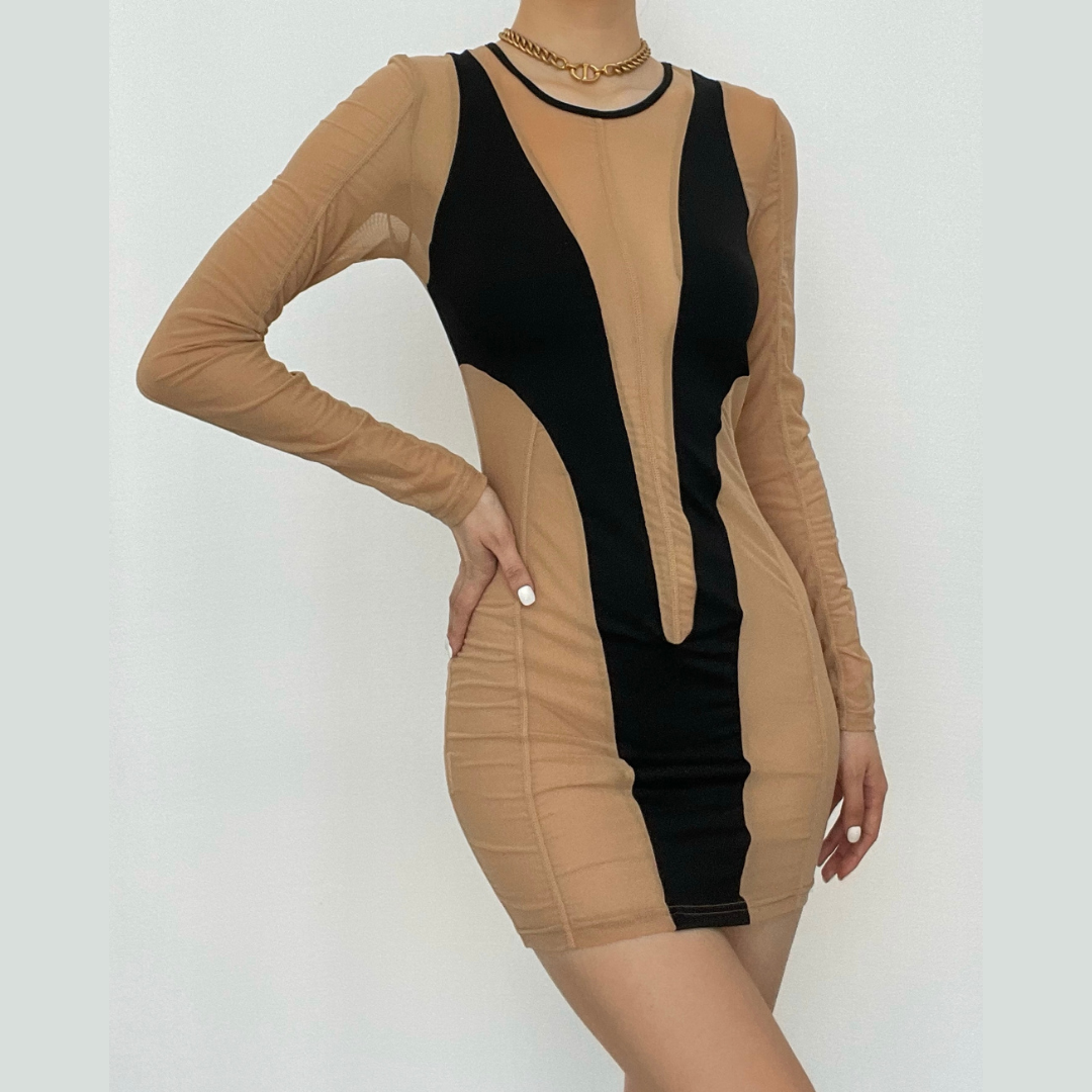 Round Neck Contrast Mesh Panel Long Sleeve Bodycon Mini Dress