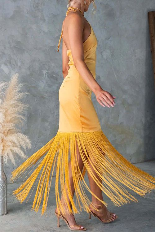 Halter Neck Patchwork Fringe Hem Satin Maxi Dress