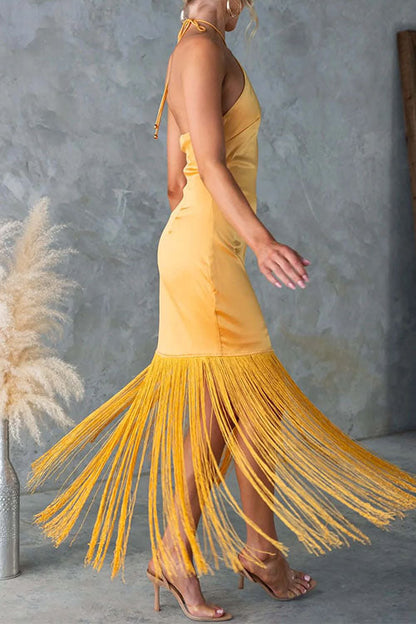 Halter Neck Patchwork Fringe Hem Satin Maxi Dress