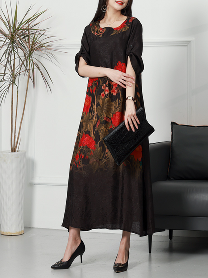 Round Neck Roll Tab Sleeve Floral Print Loose Midi Dress