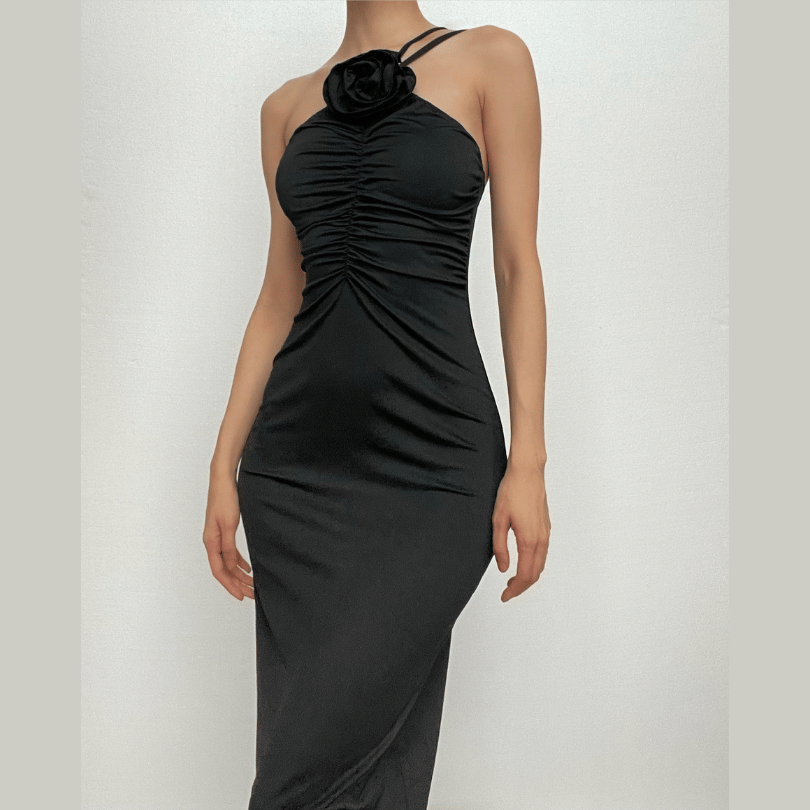 Flower Applique One Shoulder Ruched Maxi Dress