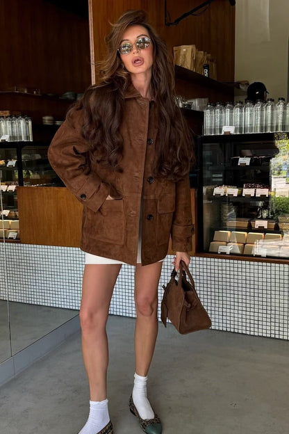 Suede Lapel Pocket Detail Coat