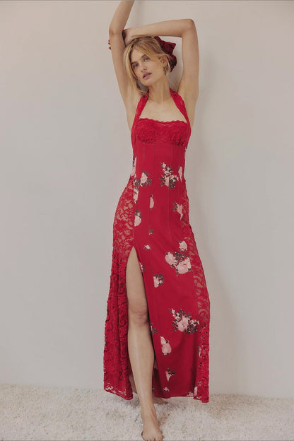 Floral Print Lace Panel Halter Neck High Split Maxi Dress