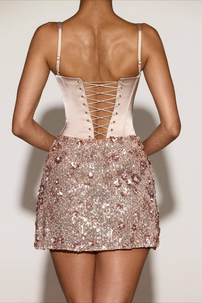 Spaghetti Strap 3D Floral Sequin Satin Bodycon Mini Dress