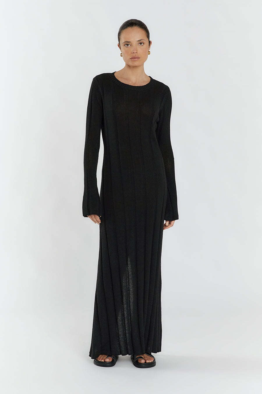 Rib Knit Long Sleeve Flare Hem Maxi Sweater Dress