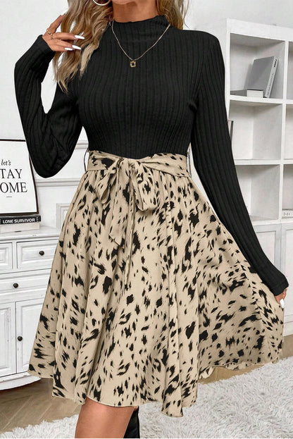 Mock Neck Long Sleeve Rib Knit Print Belted A-Line Mini Dress
