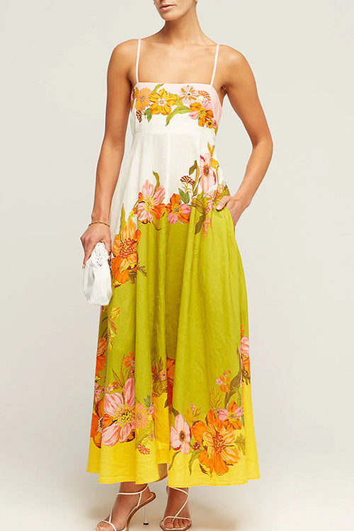 Square Neck Spaghetti Strap Ombre Border Large Floral Print Maxi Dress